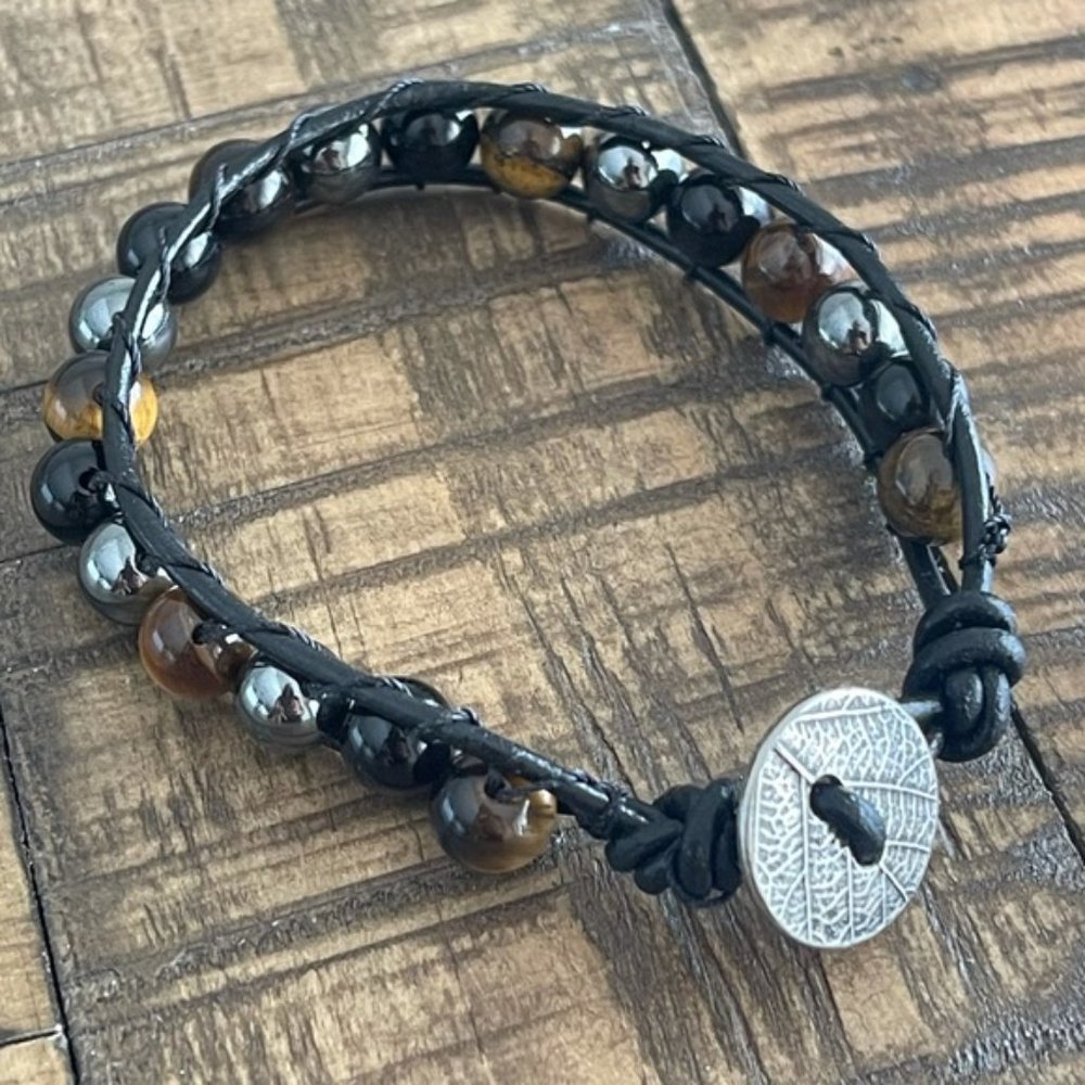 Tiger Eye - Black Onyx - Hematite Leather Bracelet - Picture 4 of 5